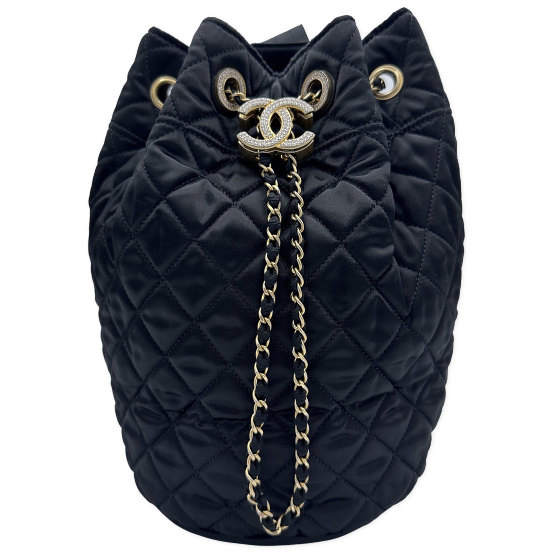 Chanel Mini Drawstring Bucket Bag with Chain Black Calfskin Aged