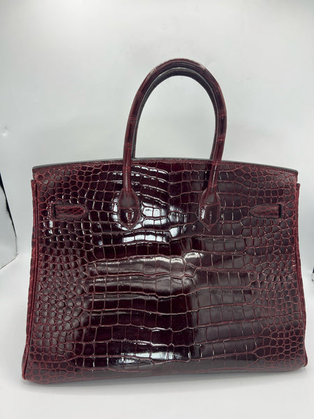 Hermes Shiny Porosus Crocodile Birkin 35 Burgundy PHW - Pre-owned